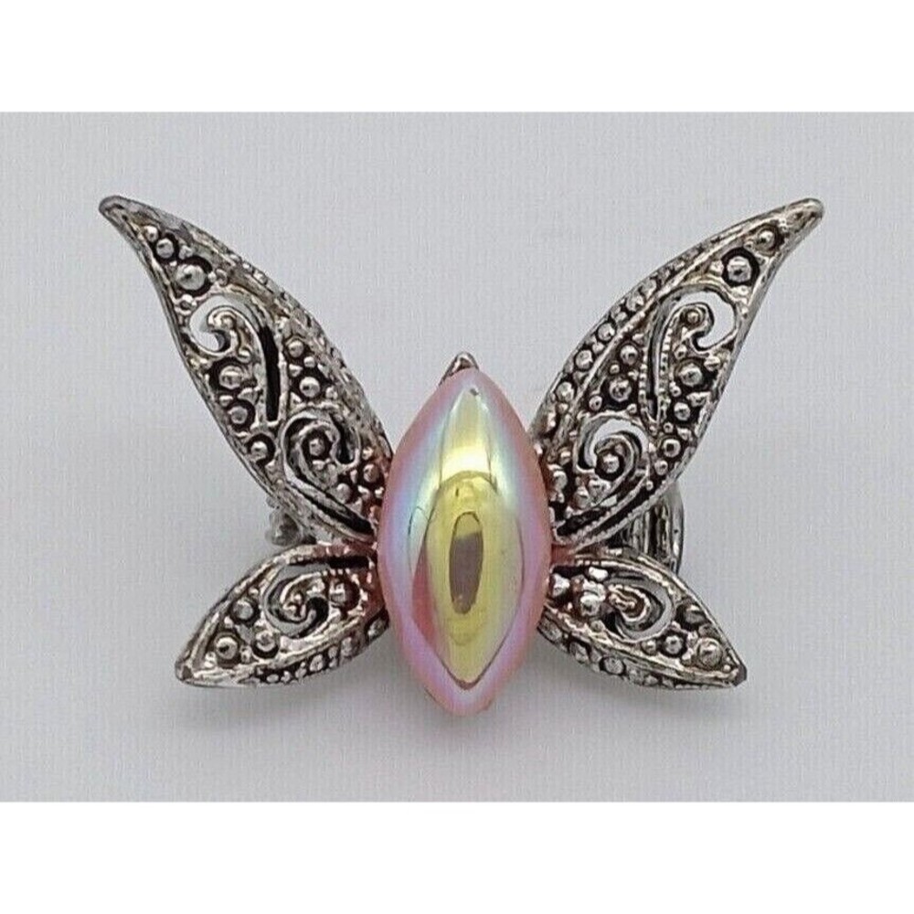 Butterfly Brooch Pink Iridescent Shiny Stone Silver Tone Scroll Wings Vintage